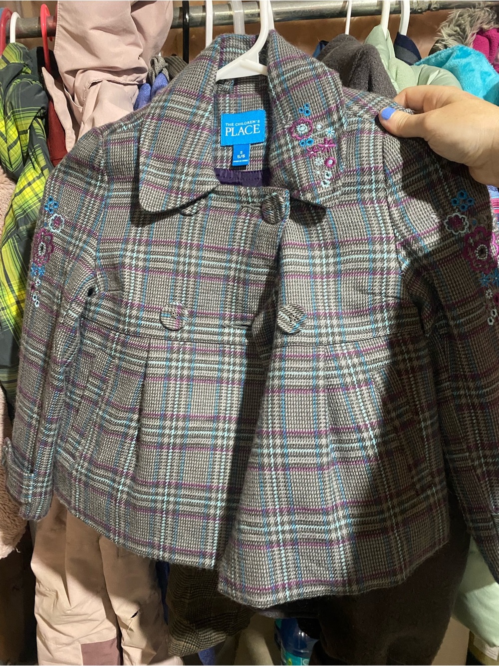 The Children's Place Girls' Plaid Peacoat Jacket - Gray with Pink & Teal Accents